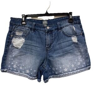 SOHO Jeans Denim Shorts Size 10 Distressed Star Print Frayed Hem Blue